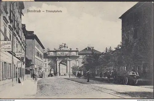 Innsbruck, Triumphpforte, Pferdewagen, Buchdruckerei, gelaufen 1909