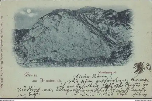 Gruss aus Innsbruck, Martinswand, Mondschein, gelaufen 1897