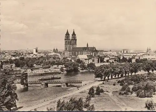 Magdeburg, Stadtansicht, Brücke, Schiff, gelaufen 1963