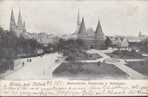 Gruss aus Lübeck, Marienkirche, Petrikirche, Holstentor, gelaufen 1905