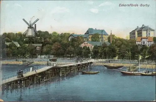 AK Eckernförde, Borby, Stadtansicht, Windmühle, Brücke, Schiffe, ungelaufen