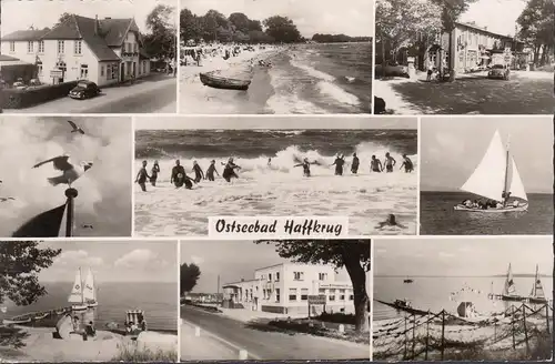 Crêpe de haff, hall de plage, appartements, plage et bateaux, couru en 1957