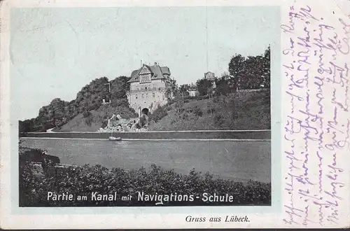 Lübeck, Partie am Kanal mit Navigations Schule, gelaufen 1916