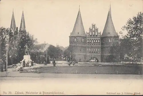 Lübeck, Holstentor und Bismarckdenkmal, ungelaufen