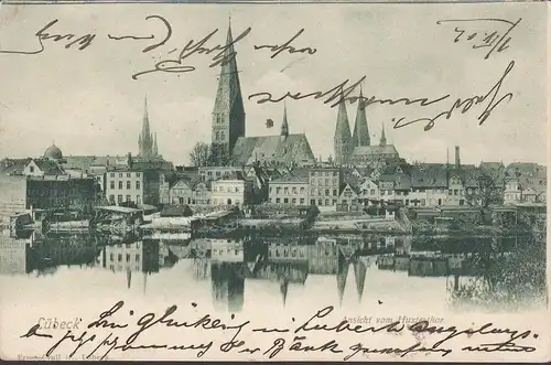Lübeck, Ansicht vom Holstentor, gelaufen 1902