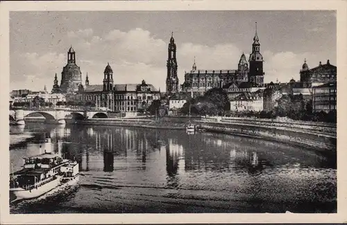 Dresden, Blick von der Marienbrücke, Schiff, gelaufen 1957