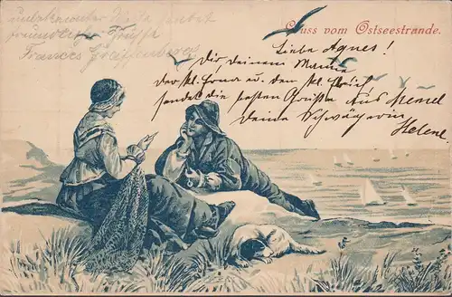 Gruss vom Ostseestrande, Fischer und Fischerin am Strand, gelaufen 1900