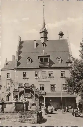 Pößneck, Marktplatz, Rathaus, Mauritiusbrunnen, gelaufen 1957