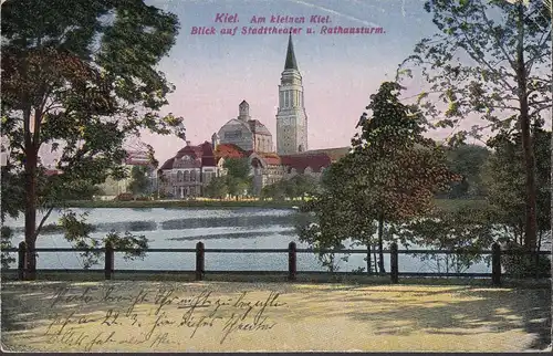Kiel, Am Klein Kienne, vue sur le théâtre de ville et l'hôtel de Ville, couru 1919