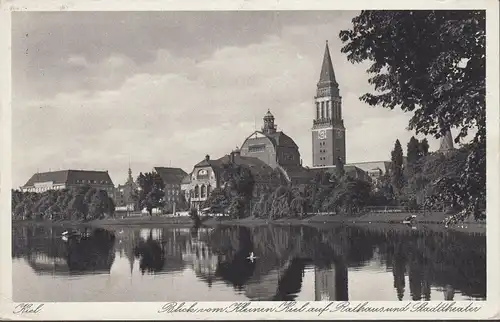 Kiel, Blick vom Kleinen Kiel auf Rathaus und Stadttheater, gelaufen 1938