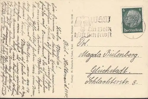 AK Kiel, HK Beflaggung, Leuchtturm, Denkmal, Kirche, gelaufen 1938