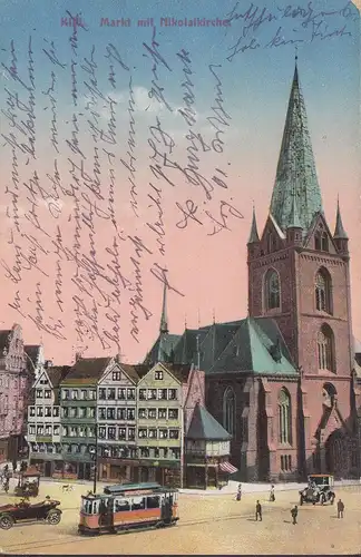 Kiel, Markt mit Nikolaikirche, Straßenbahn, Feldpost, gelaufen 1914