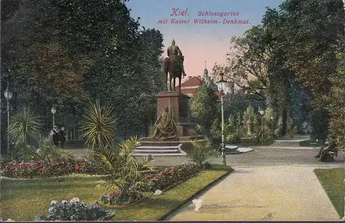 Kiel, Schlossgarten mit Kaiser Wilhelm Denkmal, gelaufen 1915