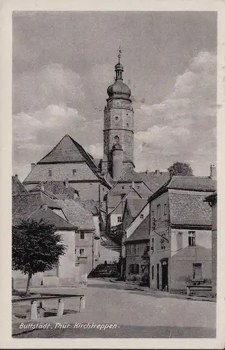 Butstädt, Kirchtreppen, Glaserei Lauterbach, gelaufen 1955