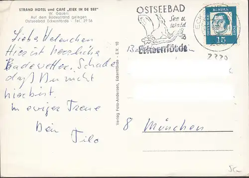 Eckernförde, Hotel und Cafe, Kiek in de See, gelaufen 1964