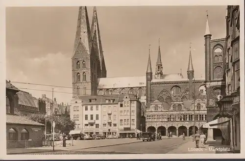 AK Lubeck, Place du marché, Hôtel de ville, Église de Marie, Maison de couleurs, inachevée- date 1942