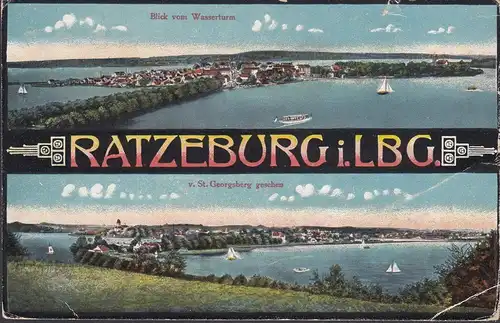 Ratzeburg, Blick vom Wasserturm und St. Georgsberg, gelaufen 1919