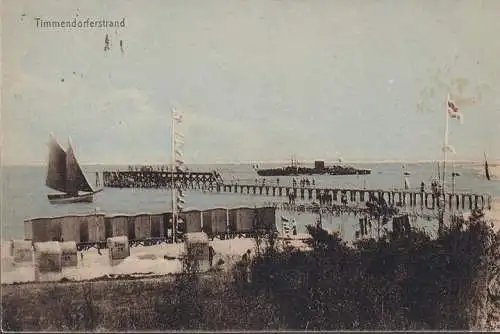 AK Timmendorfer Strand, Landungsbrücke, Schiffe, Strand, Strandkörbe, gelaufen 1919