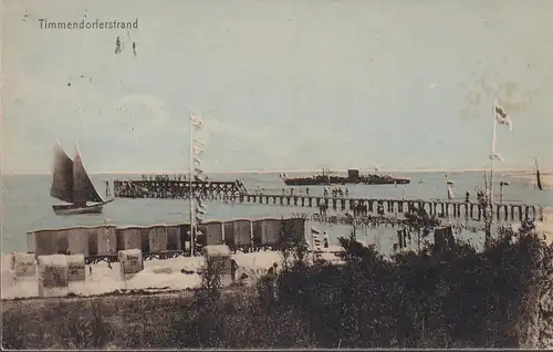 Timmendorfer Strand, Landungsbrücke, Segelboot, Schiff, Strand, Strandkörbe, gelaufen 1919
