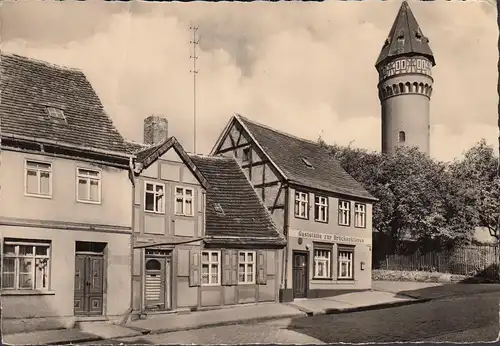 AK Burg bei Magdeburg, Brückenstraße, Wasserturm, Gaststätte zur Brückenklause, gelaufen 1963