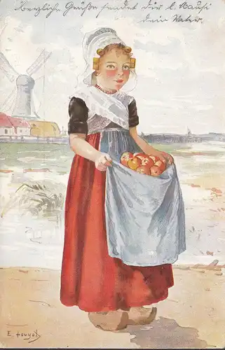 E. Tauyox, fille en costume en huile avec pommes, courrier de champ, couru en 1918