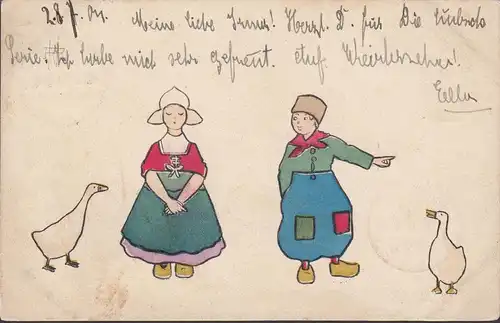 Holländische Kinder in Tracht mit Gänsen, gelaufen 1904