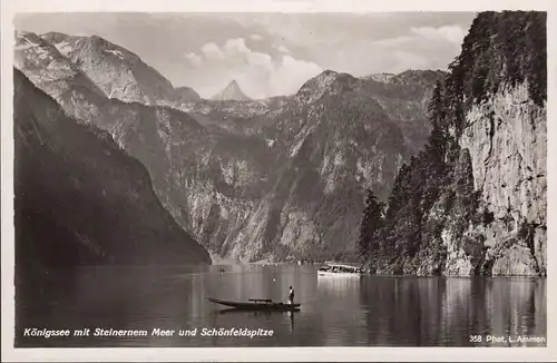 Königssee mit steinernem Meer und Schönfeldspitze, Boot, Schiff, ungelaufen