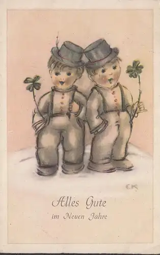 Bonne année, garçons avec cylindre et trèfle chanceux, carte HACO, couru 1953