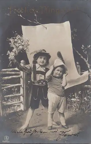 Fröhliche Pfingsten, verkleidete Kinder, gelaufen 1908