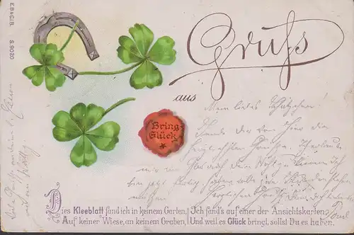 Gruss aus, Bring Glück, Hufeisen, Kleeblatt, gelaufen 1899