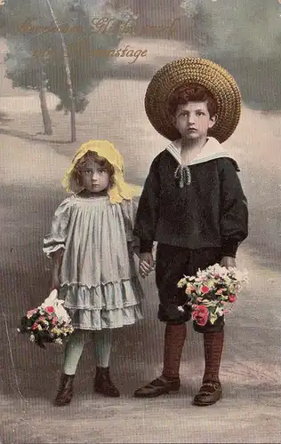 Félicitations pour le jour du nom, Enfants avec des fleurs, Courir 1908