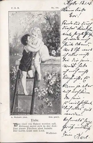 Künstler AK, A. Weinert, Liebe, Zwei küssende Kinder, gelaufen 1903
