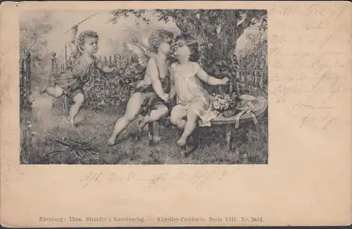 Künstler AK, Theo Stroefers, Küssende Engel, gelaufen 1899