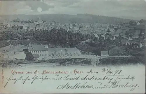 Gruss aus St. Andreasberg, Stadtansicht, Mondschein, Bahnpost , gelaufen 1898
