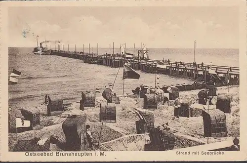 Bain de mer Baltique Brunshafen, plage avec pont maritime, paniers de plage, couru 1928