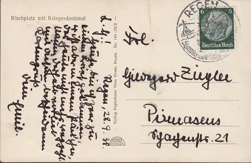 Regen, bayrischer Wald, Kirche, Papierhaus Hesse, gelaufen 1938