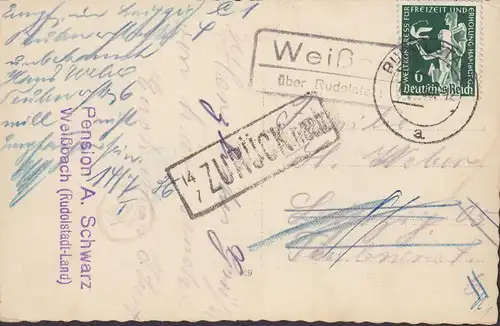 Weißbach, Pension Schwarz, Mi.Nr. DR. 662 und zurück, gelaufen 1936
