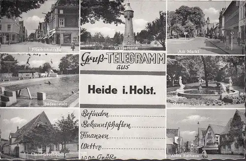 Heide, Rathaus, Markt, Badeanstalt, Wasserturm, gelaufen 1959