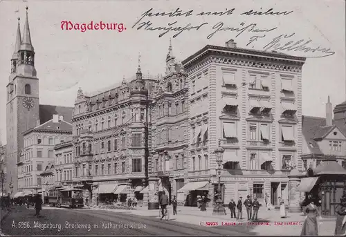 Magdeburg, Breiteweg avec Catherinekirche, magasins, couru 1901