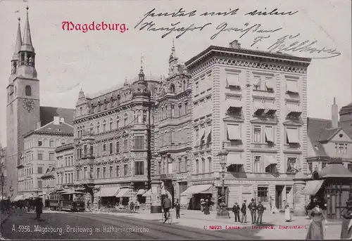 Magdeburg, Breiteweg mit Katharinekirche, Geschäfte, gelaufen 1901