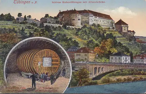 Tübingen, Schloß Hohentübingen, Alleenbrücke, Fass iim Schlo'keller, gelaufen 1924