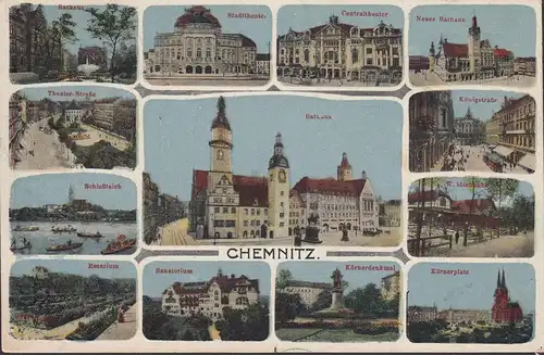 Chemnitz, Hôtel de ville, sanatorium, Rosarium et monument, couru 1918