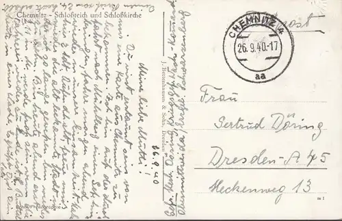 Chemnitz, Schloßteich und Kirche, Feldpost, gelaufen 1940