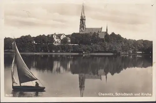 Chemnitz, Schloßteich, Kirche, Segelboot, gelaufen 1930