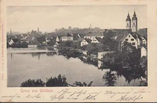 Gruss aus Waldsee, Stadtansicht, Kirche, gelaufen 1906