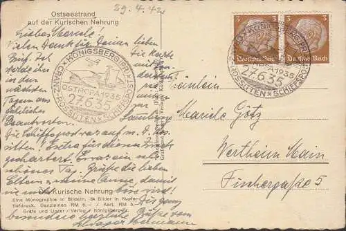 AK Kurische Nehrung, Schiffspost, Ostropa, Königsberg, Cranz-Rossitten, gelaufen 1935