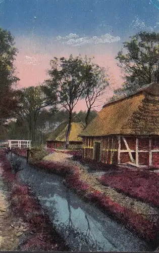 Aus Moor und Heide, Reetdachhäuser am Fluss, Lüneburger Heide, gelaufen 1925