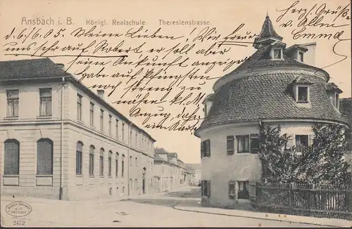 Ansbach, Königliche Realschule, Theresienstraße, gelaufen 1906