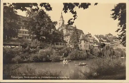 Tübingen, Neckarpartie mit Hölderlinturm und Alte Aula, Ruderboote, gelaufen