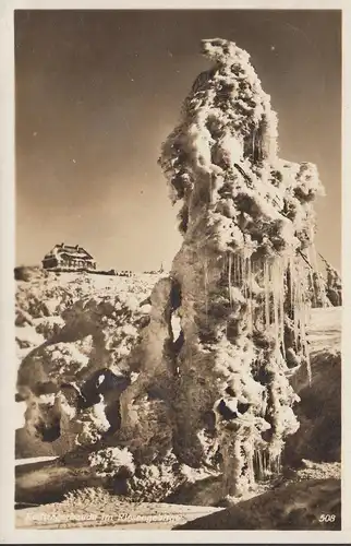 Reifträgerbaude im Riesengebirge im Winter, gelaufen 1932